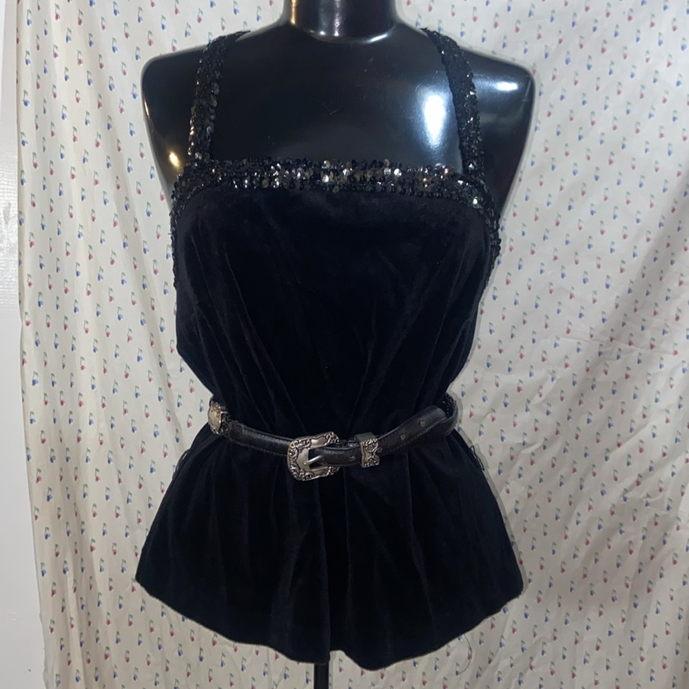 3/$15 Boston Maid Vintage 70s 80s Chic Black Velvet Tank Top with Sequin Trim